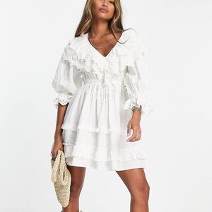 Topshop White Cotton Eyelet Ruffle Mini Dress | Boho Romantic | US 10